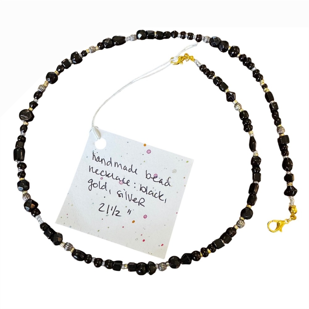 Handmade Beaded Necklace Unisex 21.5" Black‎ Gold Silver Upcycled Mixed Media